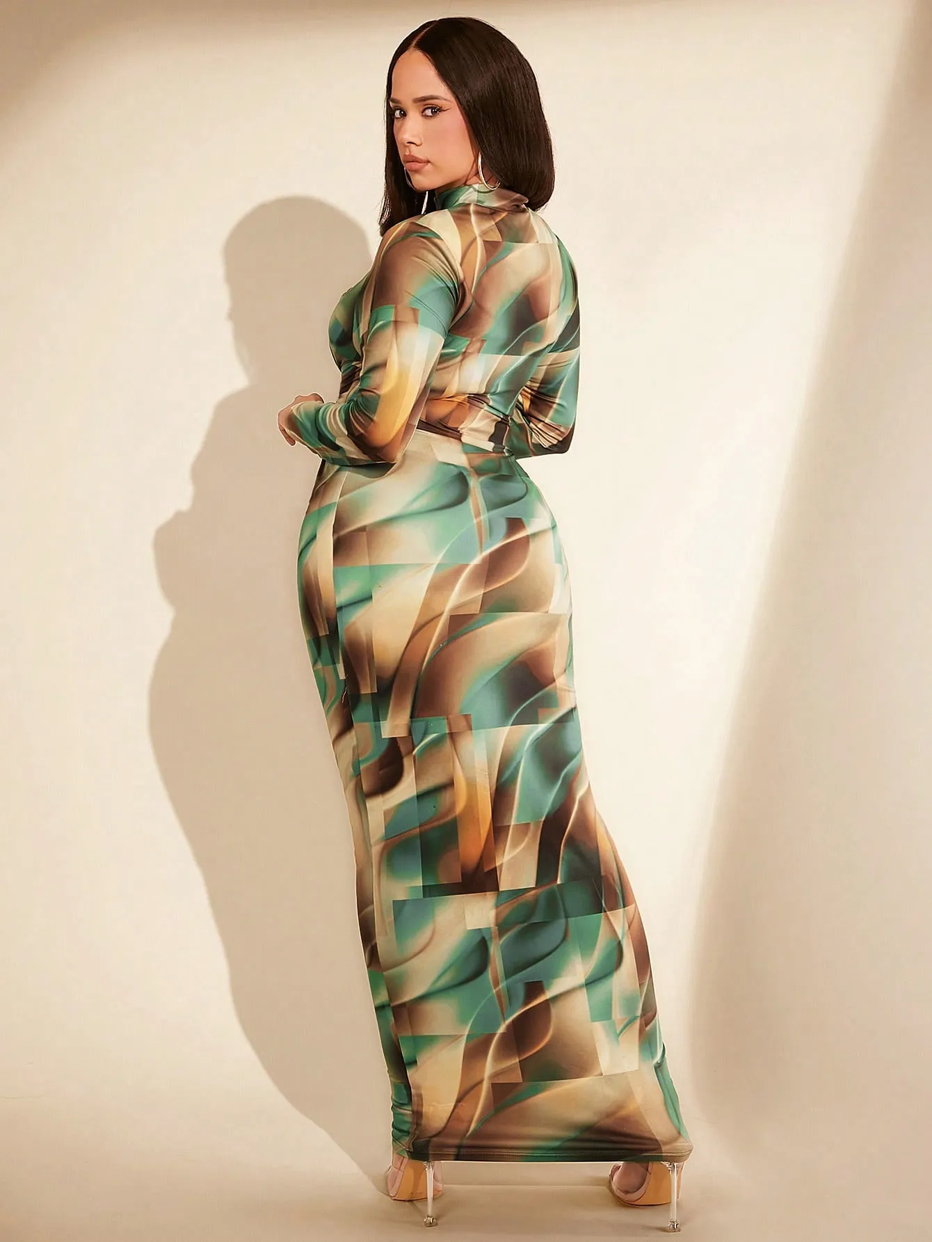 BAE Plus Size All Over Printed Stand Collar Pleated Side Bodycon Dress