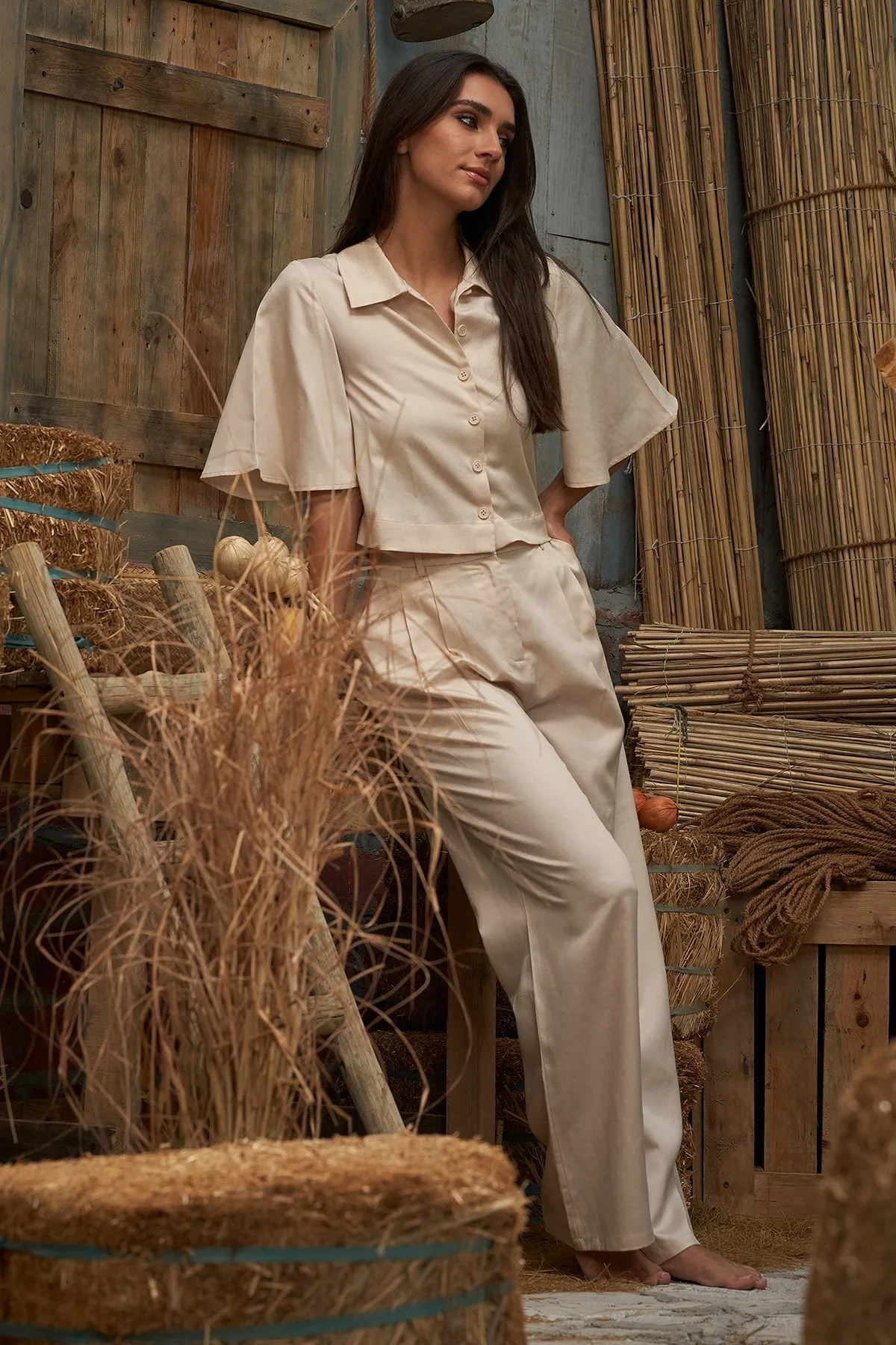 Beige Pleated Wide-Leg Trousers