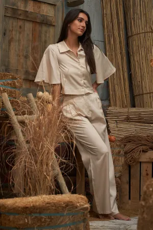 Beige Pleated Wide-Leg Trousers