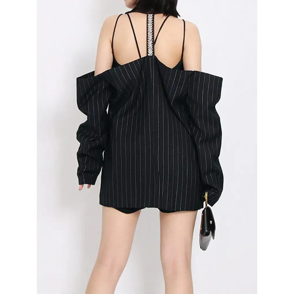 Black Blazer with Fixed Off-the-Shoulder Sleeves and Twin Hip Pockets