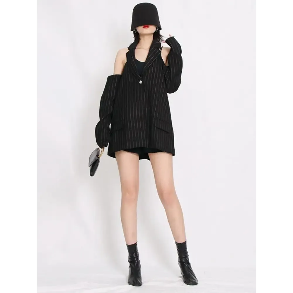 Black Blazer with Fixed Off-the-Shoulder Sleeves and Twin Hip Pockets