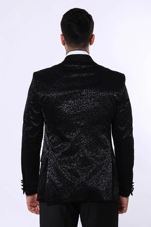 Black Floral Patterned Party Men's Blazer - Wessi