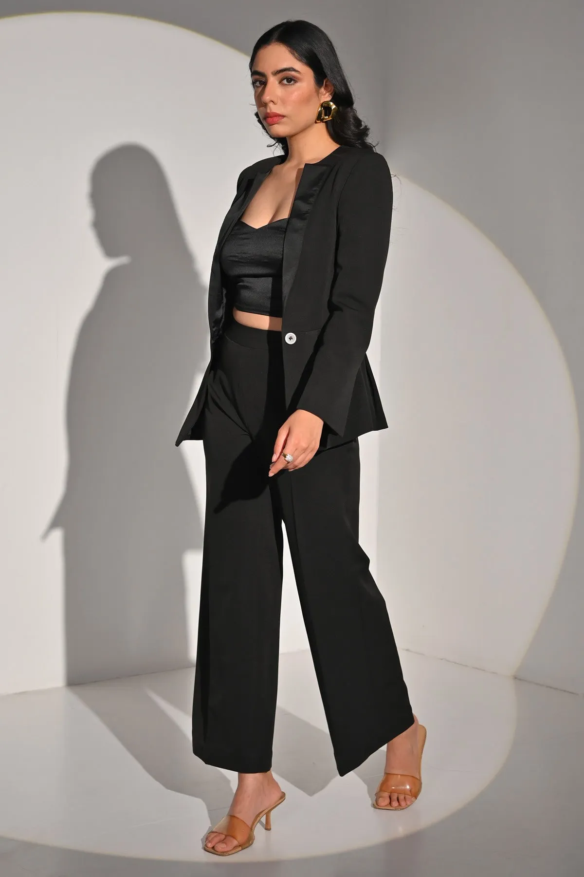 Black Lapel Pleated Blazer Set