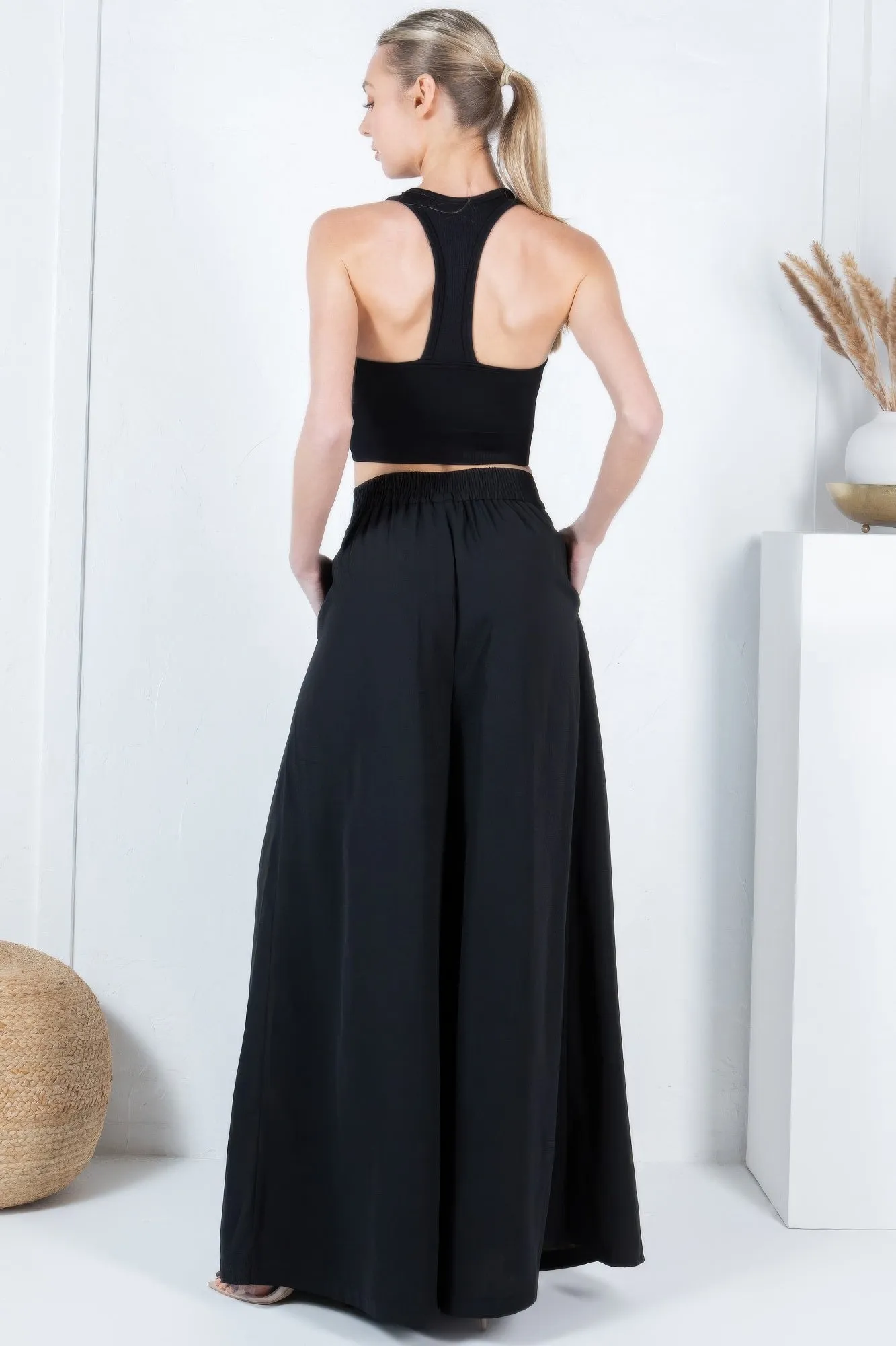 Black Large Hem Wide Leg Pleated Solid Pants