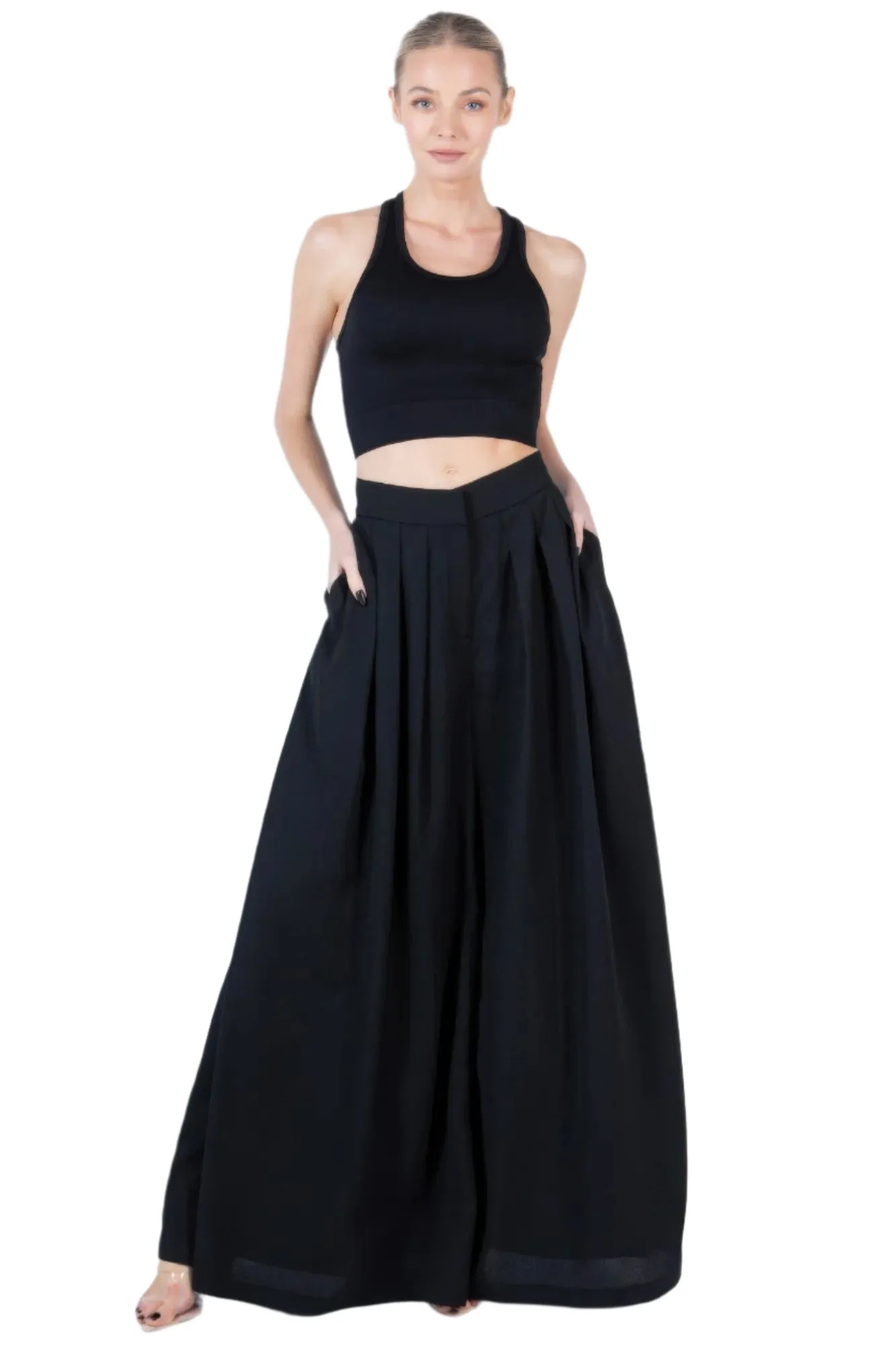 Black Large Hem Wide Leg Pleated Solid Pants