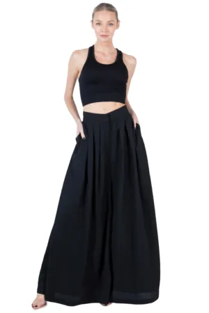 Black Large Hem Wide Leg Pleated Solid Pants