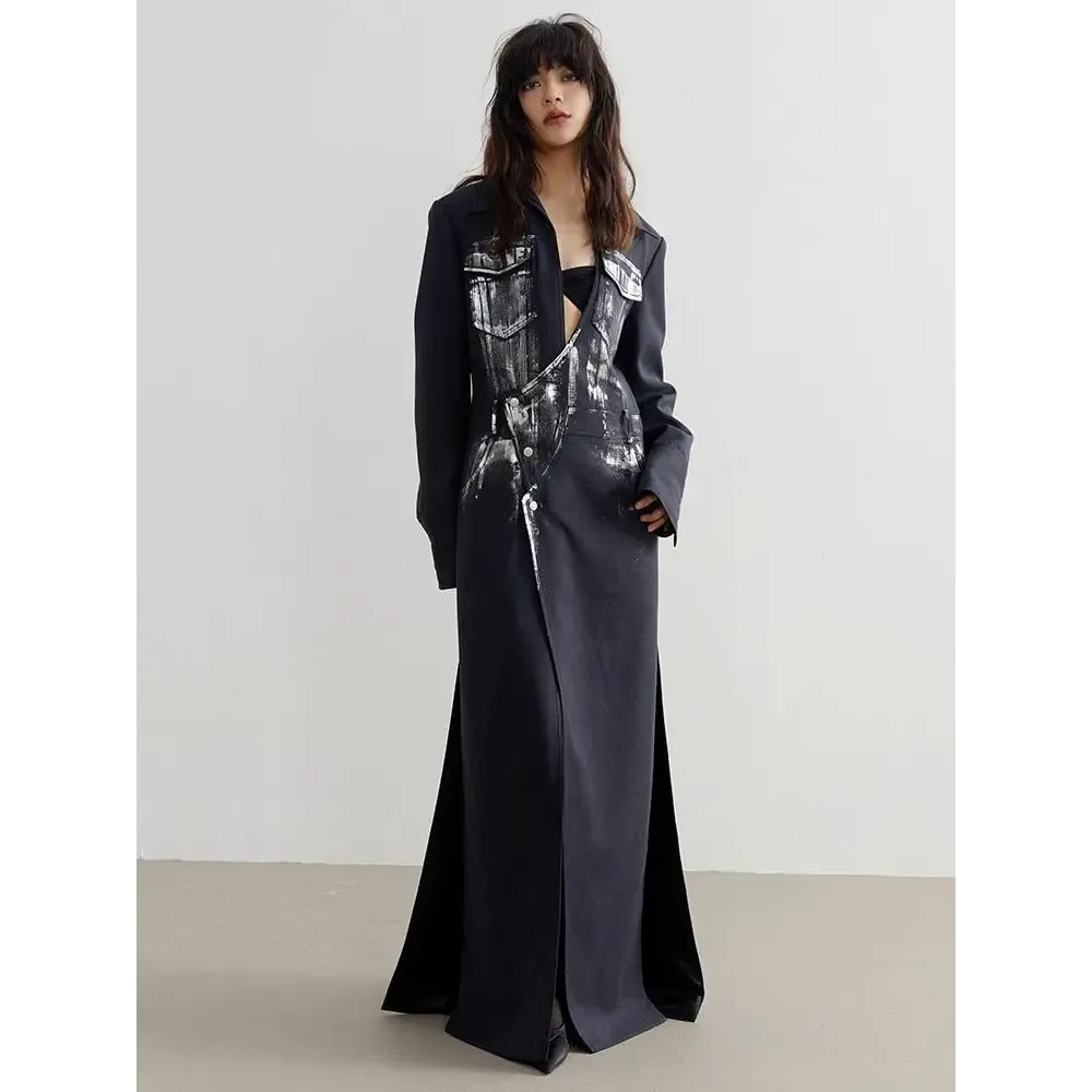 Black Maxi Skirt Blazer with Button Fastening and Invisible Split