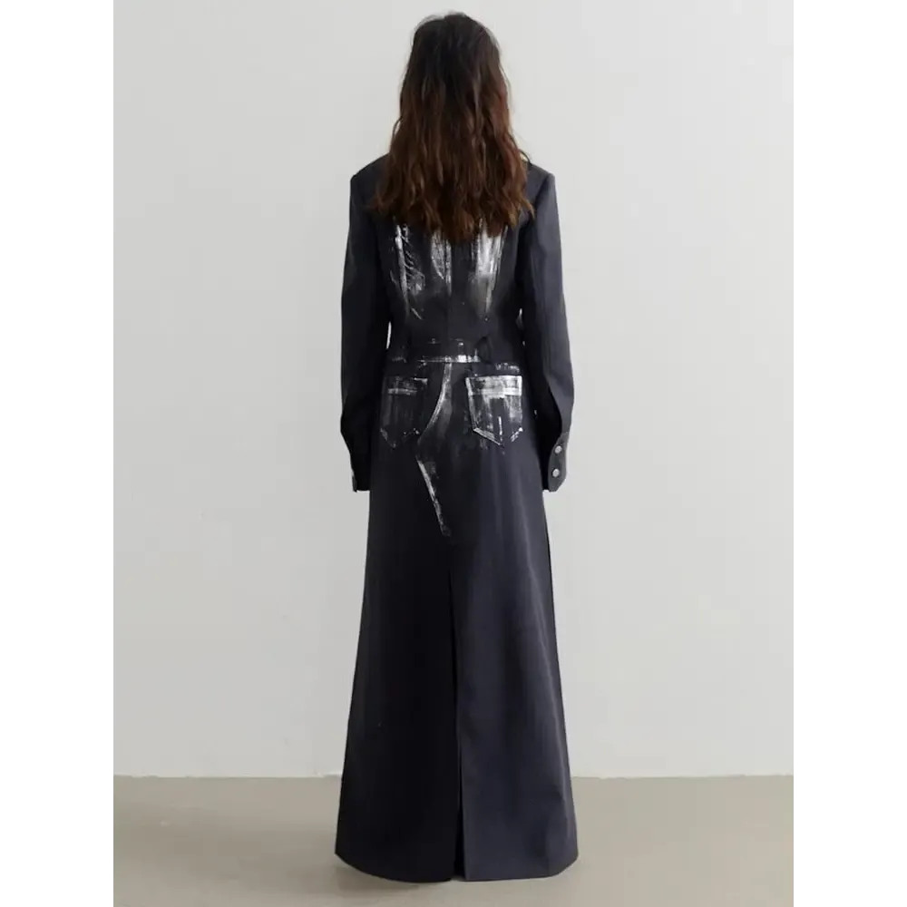 Black Maxi Skirt Blazer with Button Fastening and Invisible Split