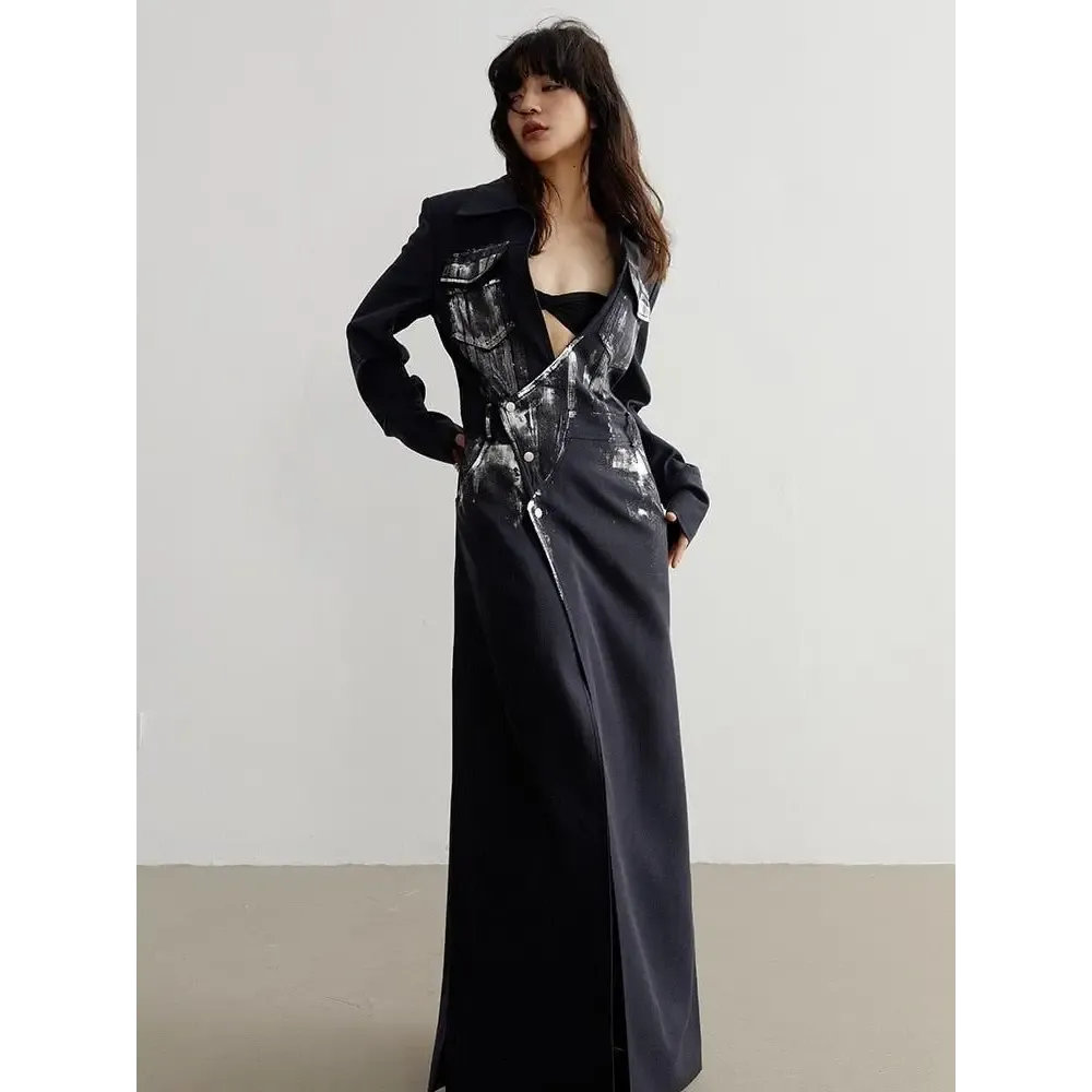 Black Maxi Skirt Blazer with Button Fastening and Invisible Split