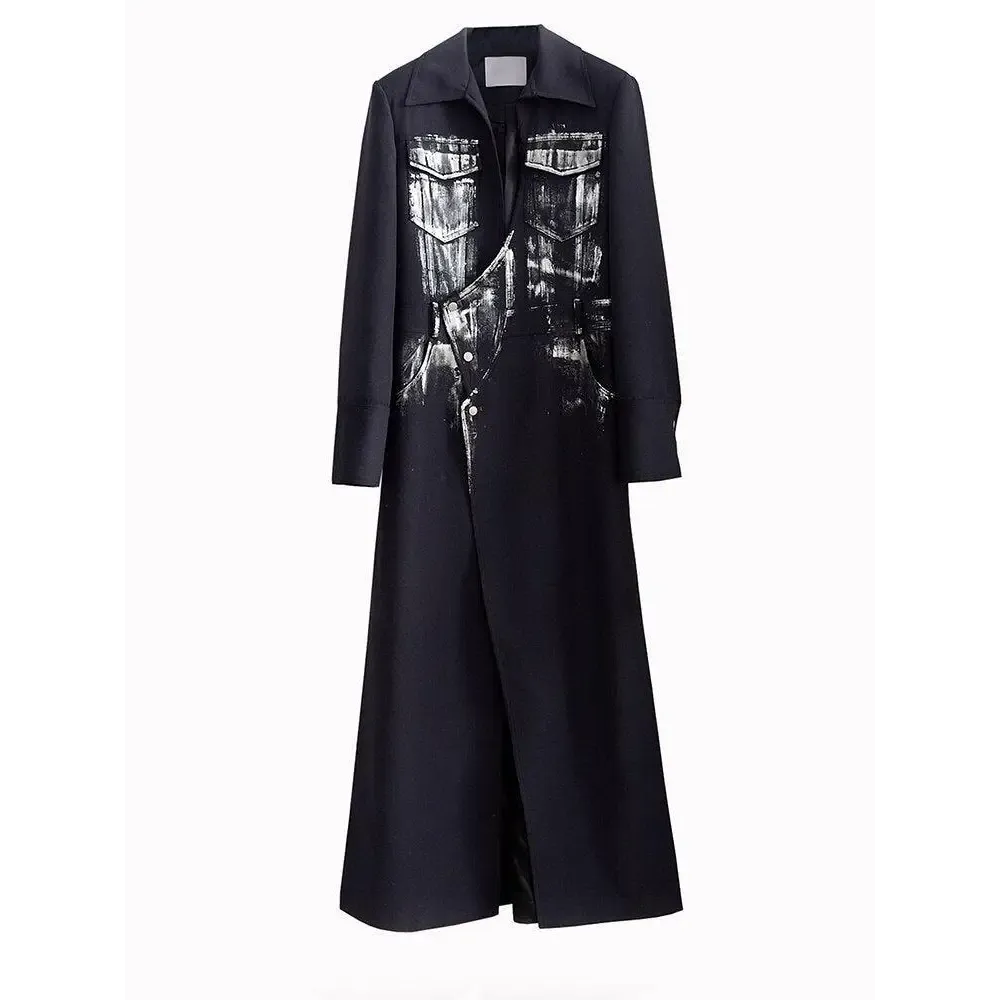 Black Maxi Skirt Blazer with Button Fastening and Invisible Split