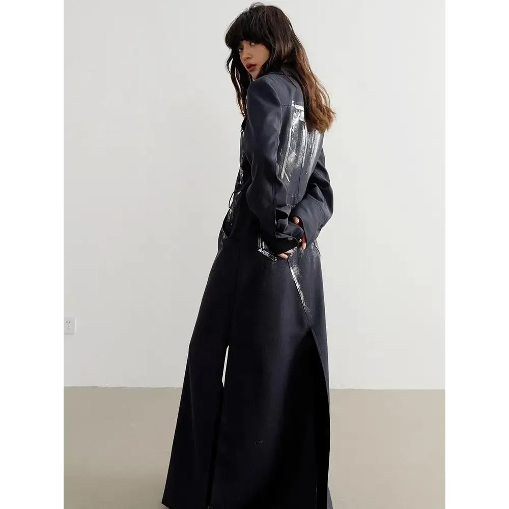 Black Maxi Skirt Blazer with Button Fastening and Invisible Split