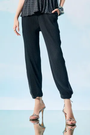 Black Pleated Barrel Pants with Denim Panel