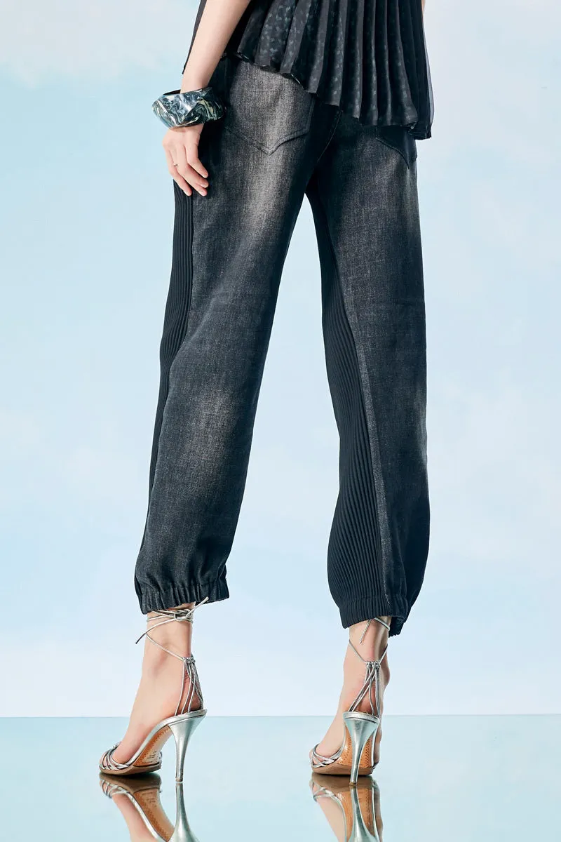 Black Pleated Barrel Pants with Denim Panel