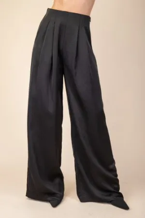 Black Satin Pleated Wide Pants
