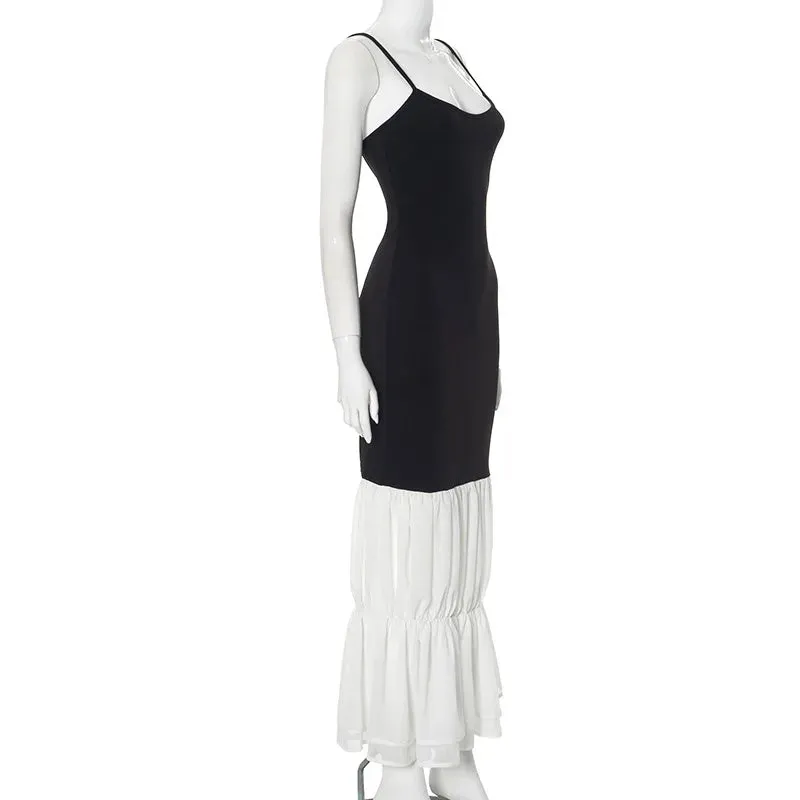Black Strap White Frill Patchwork Maxi Dress