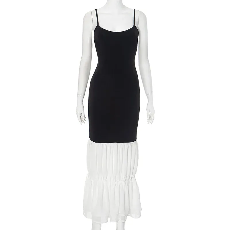Black Strap White Frill Patchwork Maxi Dress