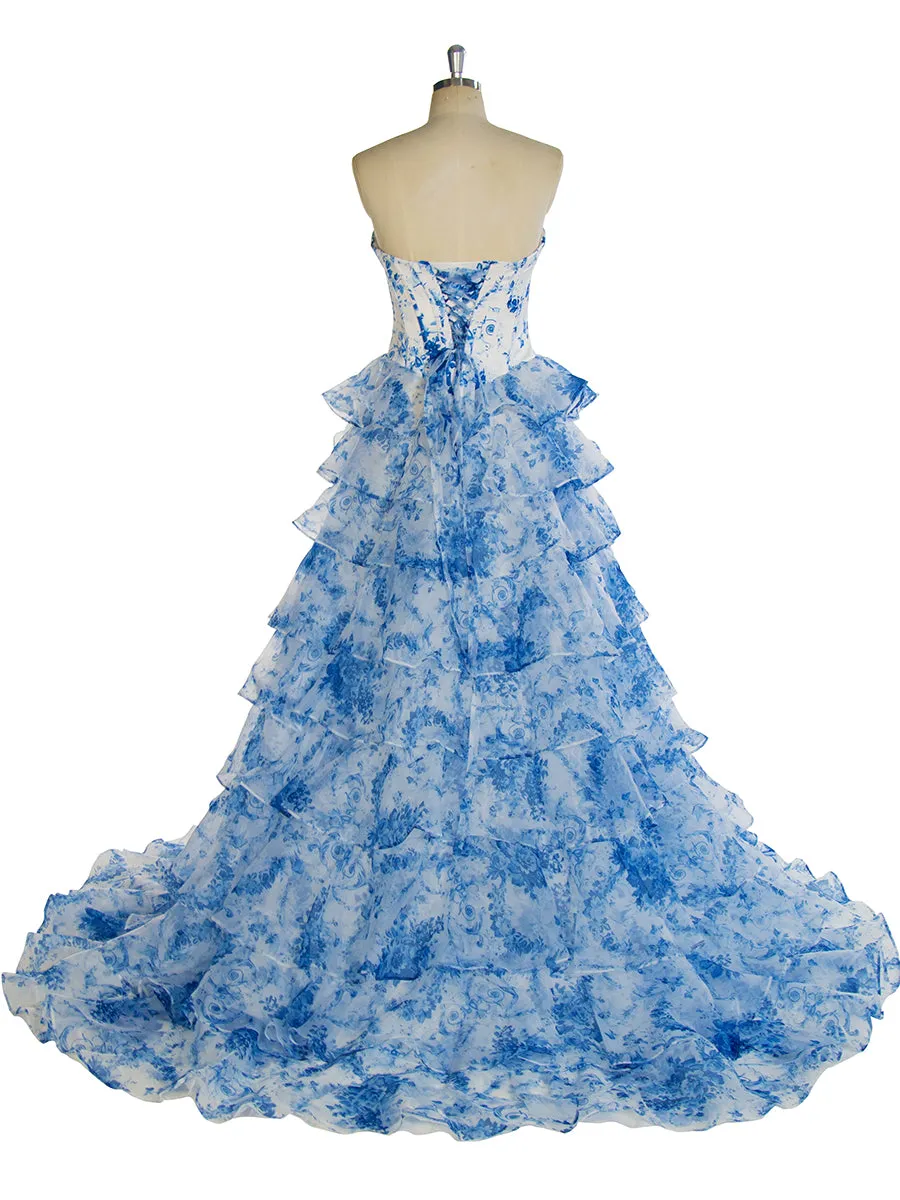 Blue Printed Long Maxi Dress Elegant Prom Party Dress YW240048