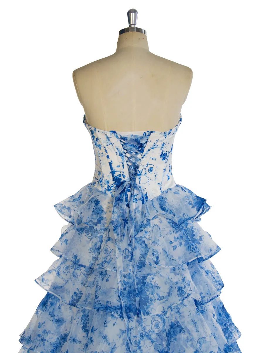 Blue Printed Long Maxi Dress Elegant Prom Party Dress YW240048