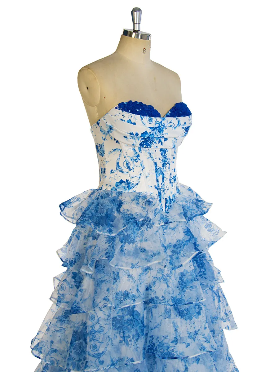 Blue Printed Long Maxi Dress Elegant Prom Party Dress YW240048
