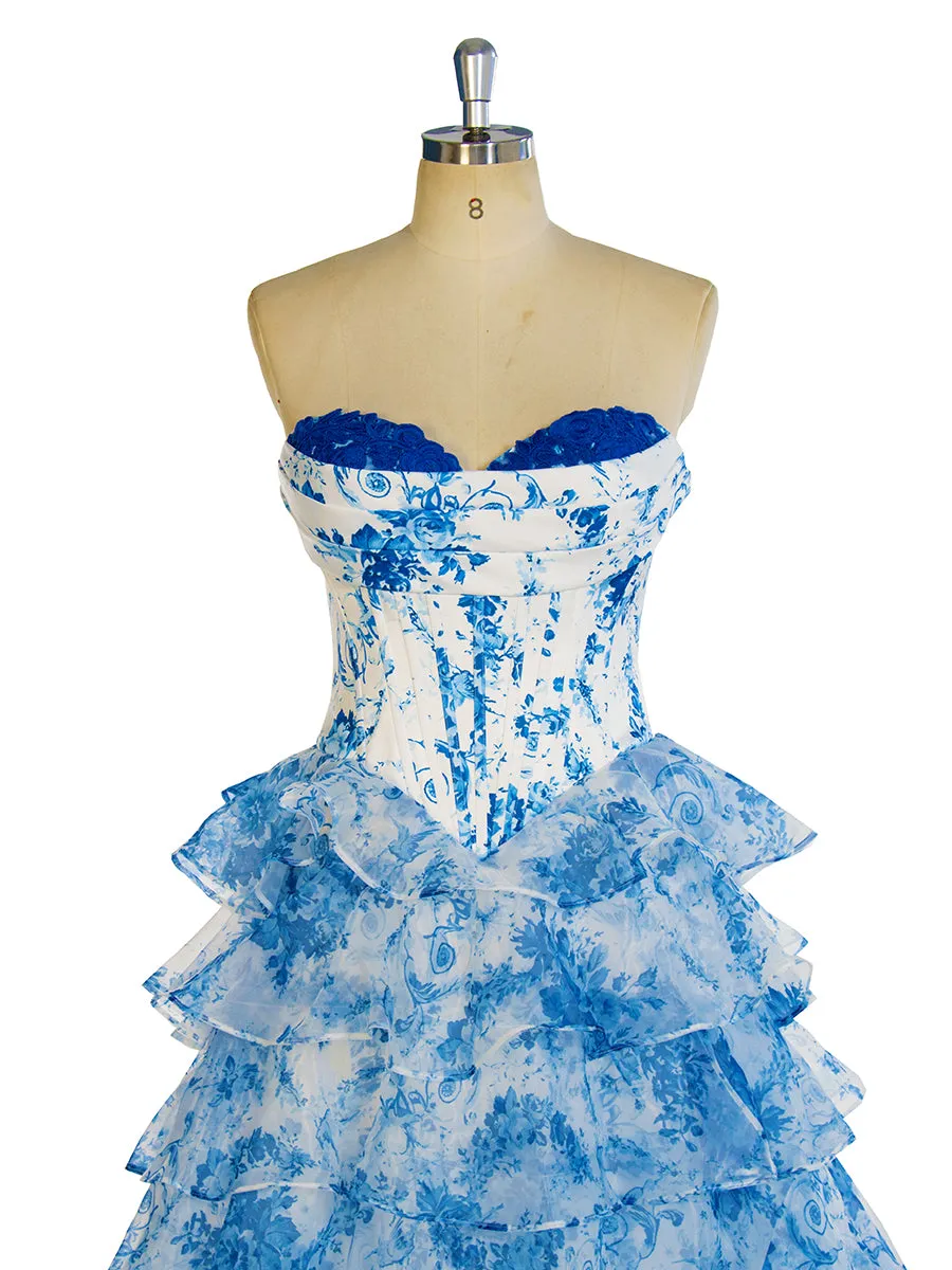 Blue Printed Long Maxi Dress Elegant Prom Party Dress YW240048