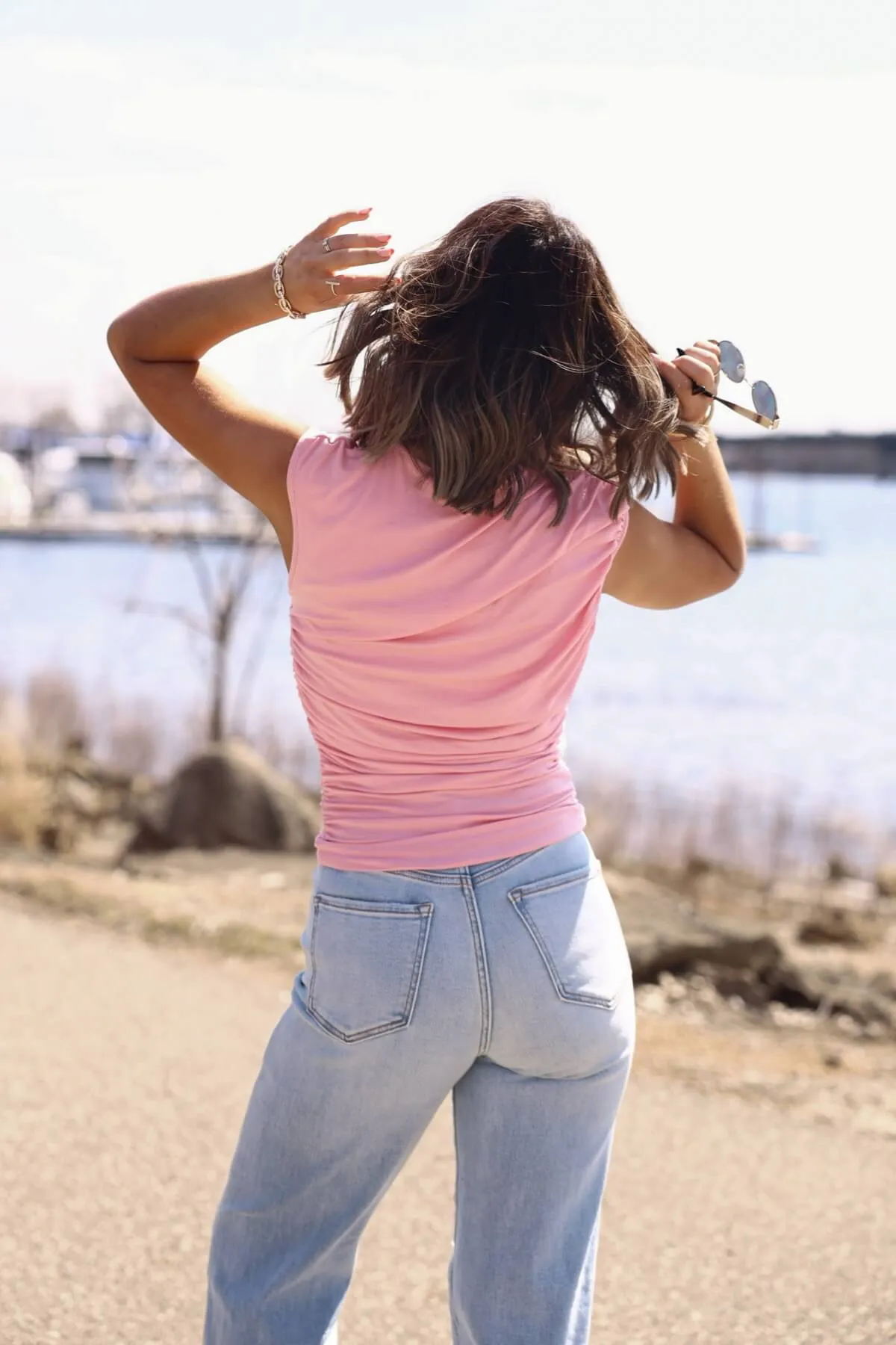 Blush Horizon Pink Shirred Asymmetrical Top