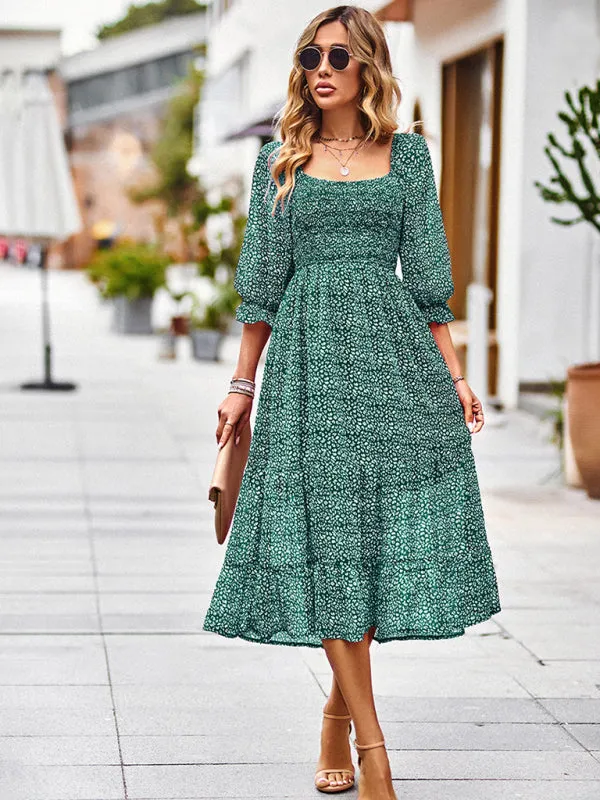 Bohemian Maxi Dress with Smocked Bodice and Puffed Sleeves