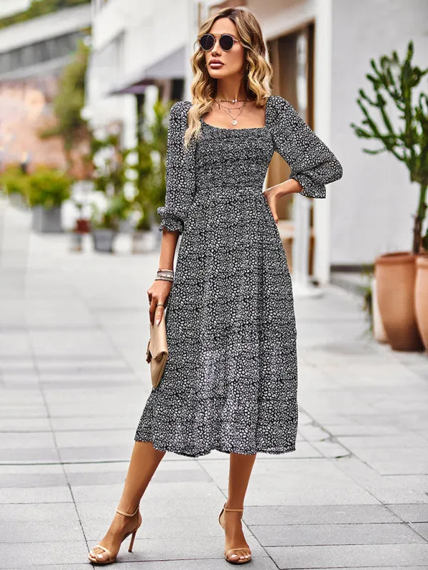 Bohemian Maxi Dress with Smocked Bodice and Puffed Sleeves
