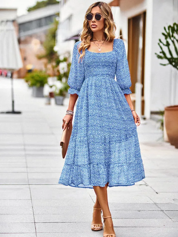 Bohemian Maxi Dress with Smocked Bodice and Puffed Sleeves