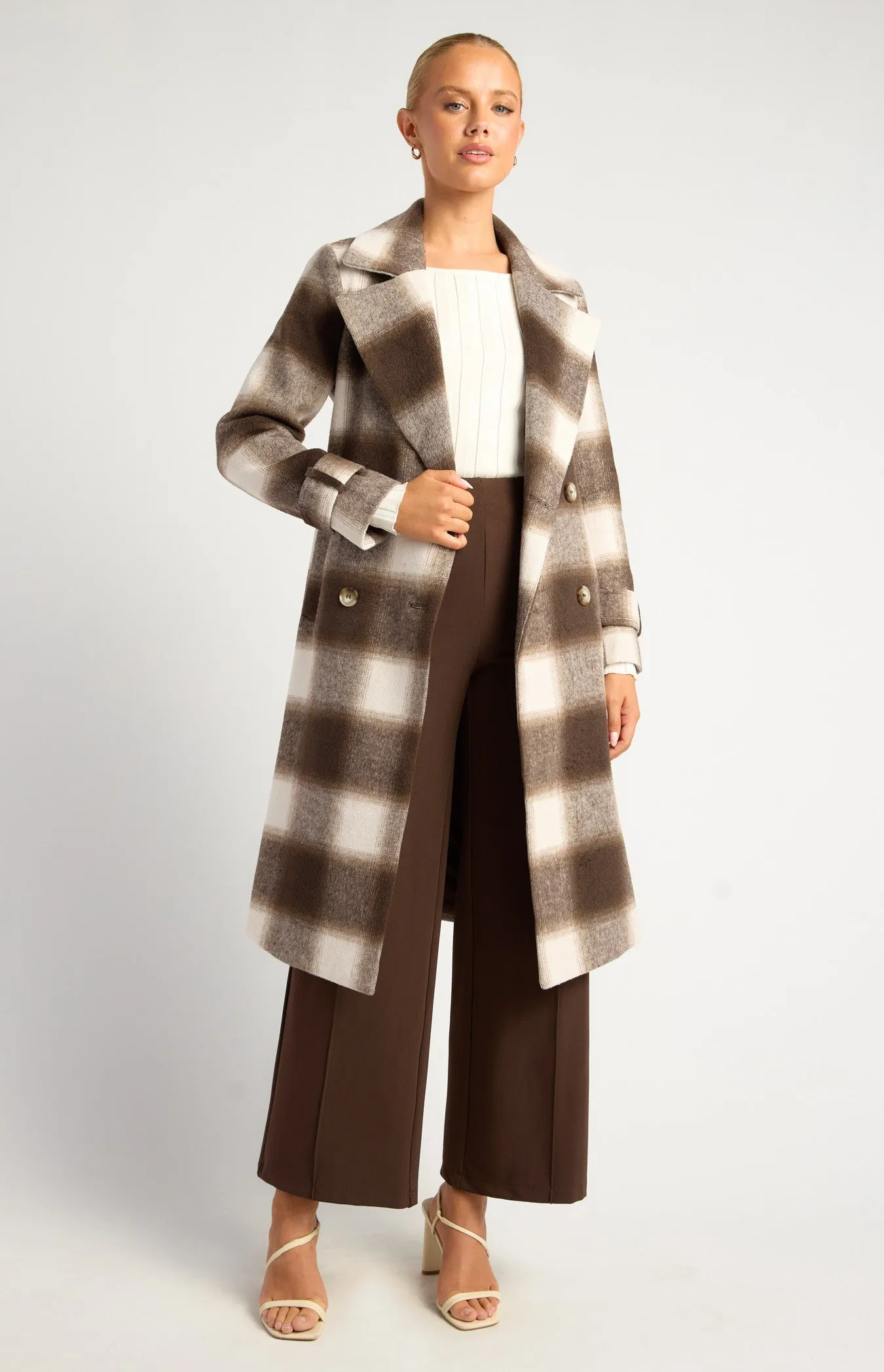 BROWN & WHITE CHECKERED DOUBLE-BREASTED FAUX WOOL FUR COAT