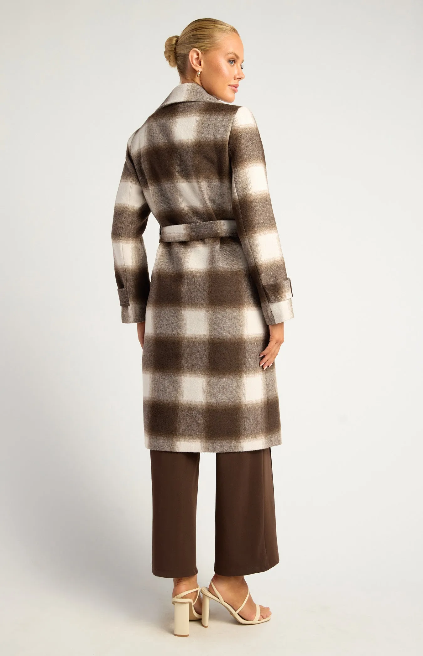 BROWN & WHITE CHECKERED DOUBLE-BREASTED FAUX WOOL FUR COAT