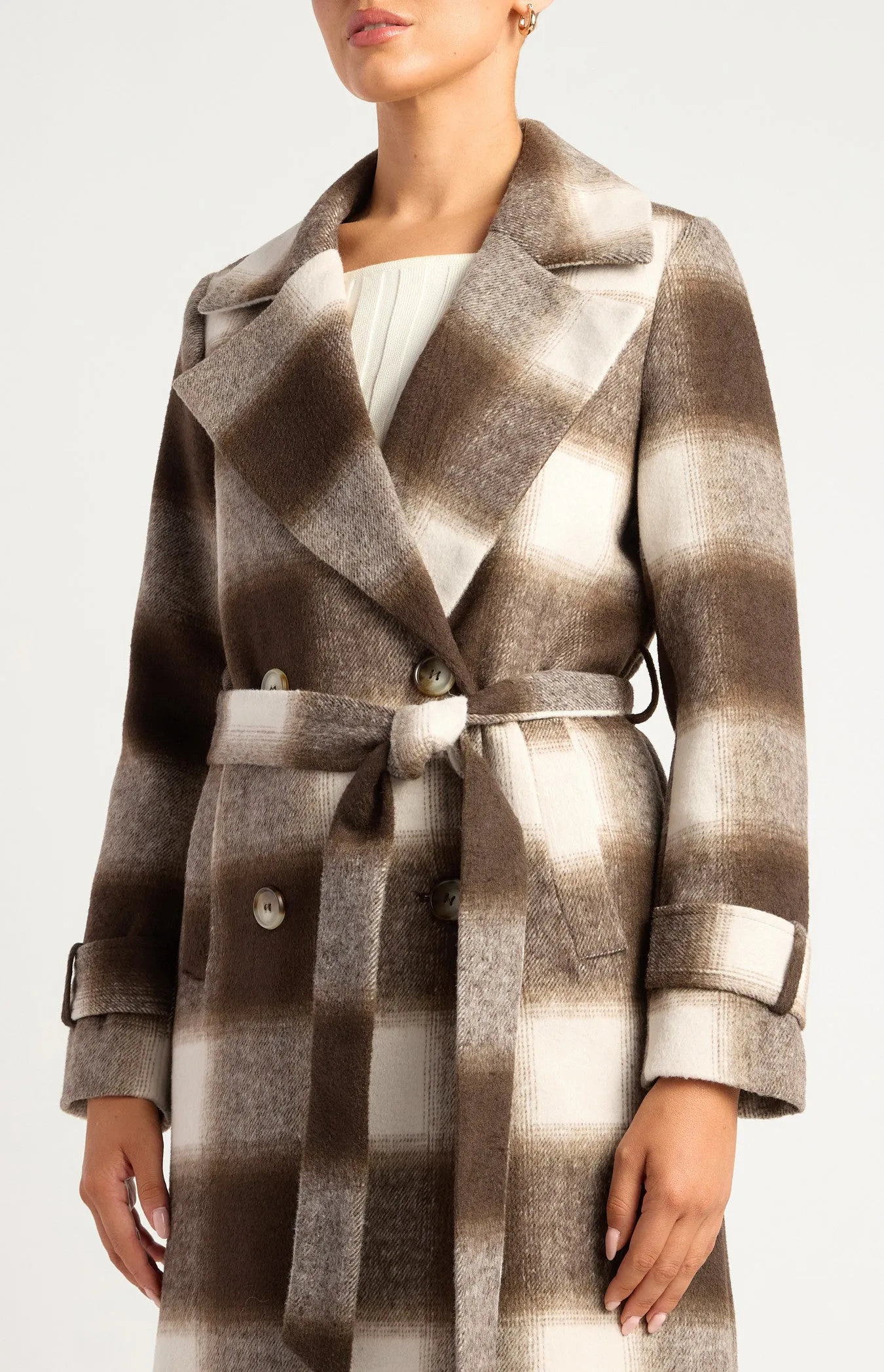 BROWN & WHITE CHECKERED DOUBLE-BREASTED FAUX WOOL FUR COAT