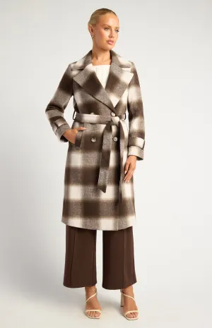 BROWN & WHITE CHECKERED DOUBLE-BREASTED FAUX WOOL FUR COAT