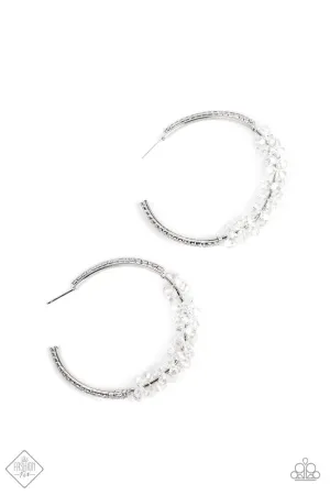 Bubble-Bursting Bling - White - Crystal Bead Paparazzi Hoop Earrings - August 2022 Fiercely 5th Avenue Fashion Fix