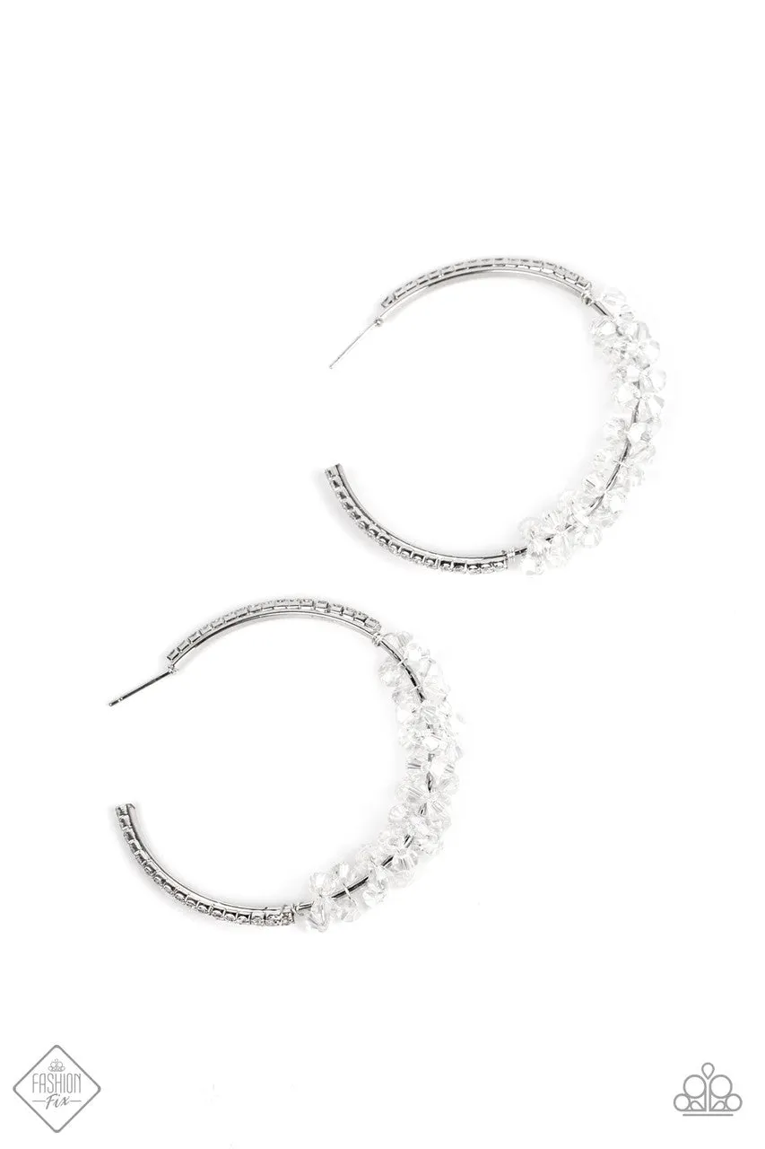 Bubble-Bursting Bling - White - Crystal Bead Paparazzi Hoop Earrings - August 2022 Fiercely 5th Avenue Fashion Fix