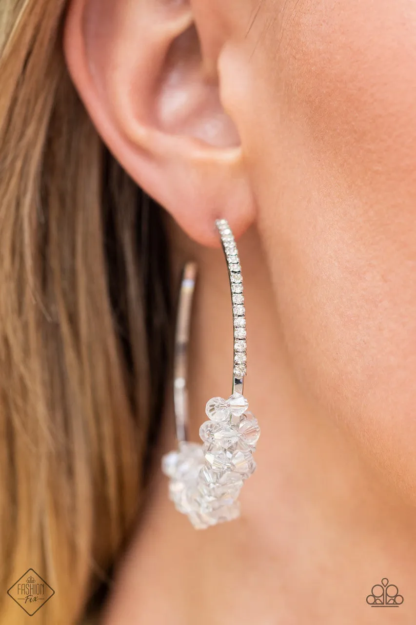 Bubble-Bursting Bling - White - Crystal Bead Paparazzi Hoop Earrings - August 2022 Fiercely 5th Avenue Fashion Fix