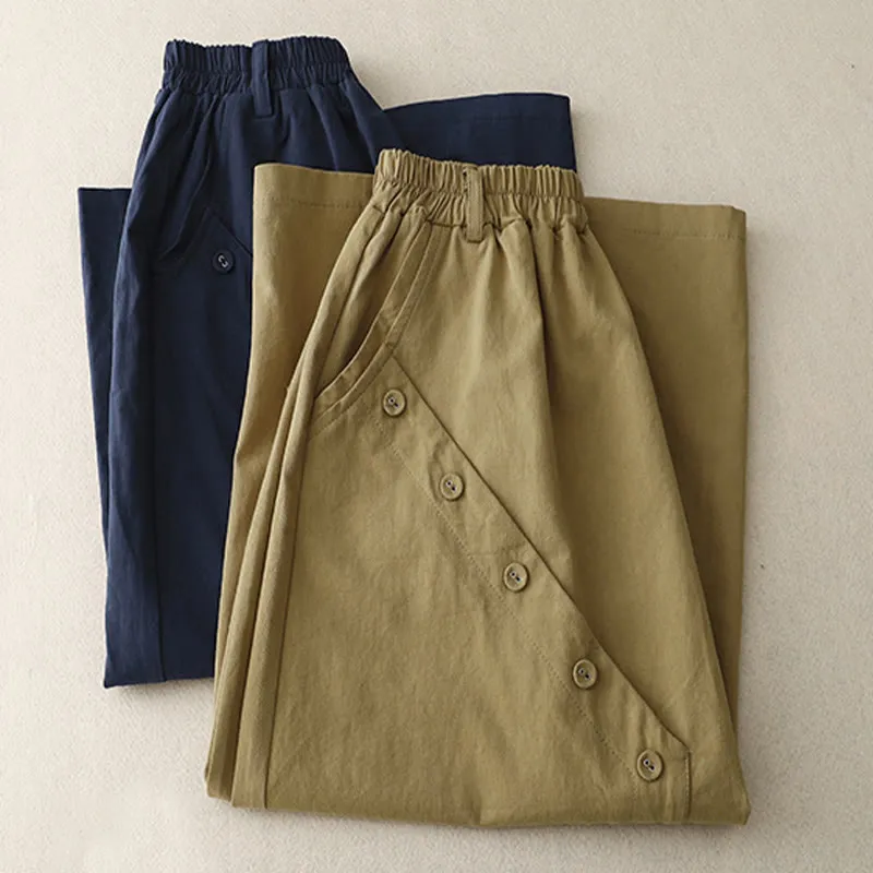 Buddha Stones Casual Plain Asymmetrical Button Design Cotton Women's Skirt With Pockets