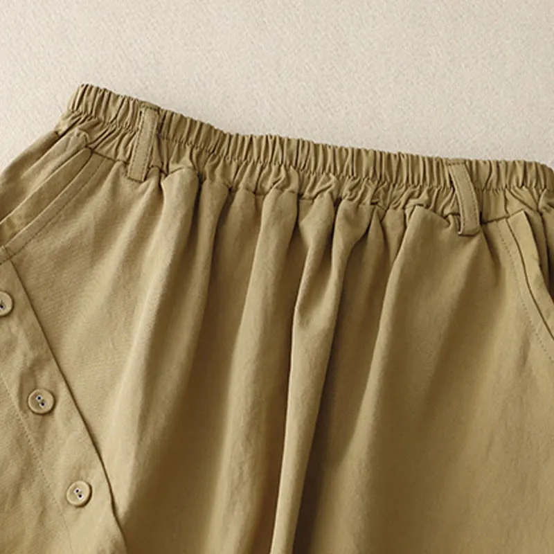 Buddha Stones Casual Plain Asymmetrical Button Design Cotton Women's Skirt With Pockets