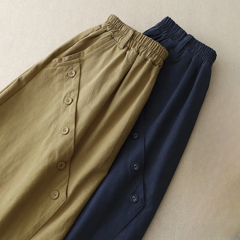 Buddha Stones Casual Plain Asymmetrical Button Design Cotton Women's Skirt With Pockets