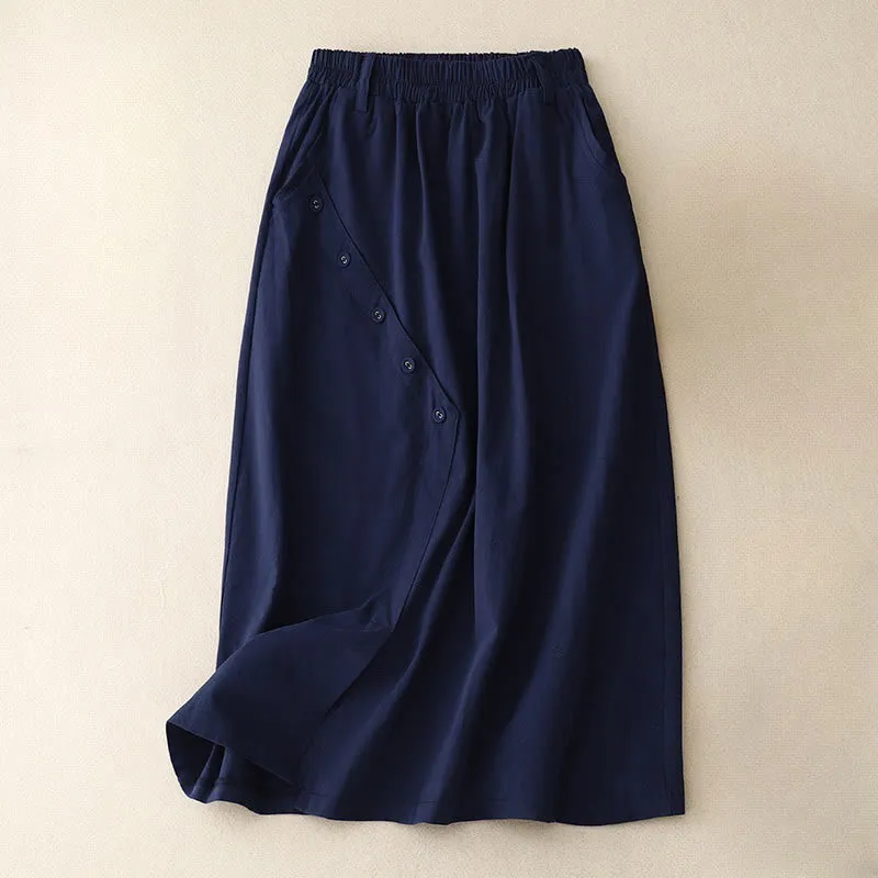 Buddha Stones Casual Plain Asymmetrical Button Design Cotton Women's Skirt With Pockets