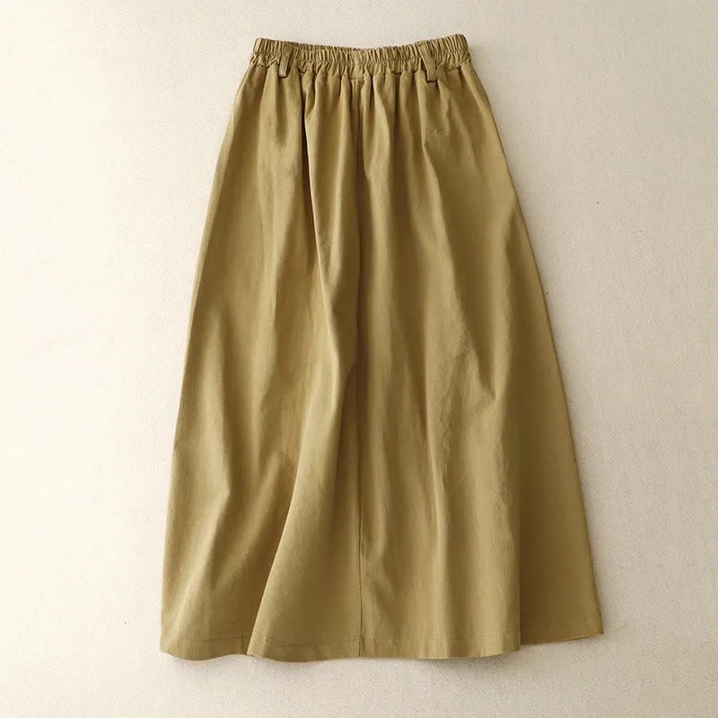 Buddha Stones Casual Plain Asymmetrical Button Design Cotton Women's Skirt With Pockets