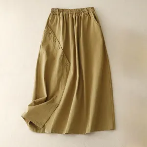 Buddha Stones Casual Plain Asymmetrical Button Design Cotton Women's Skirt With Pockets