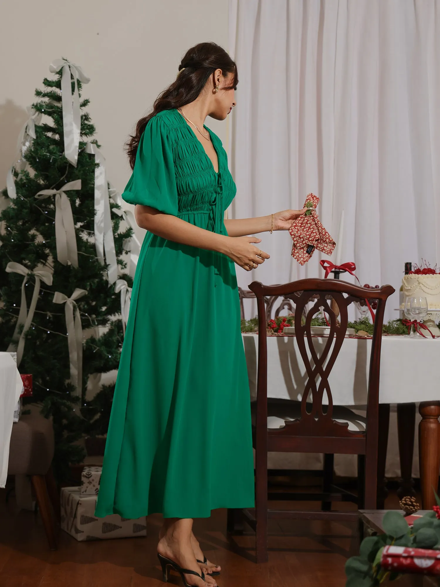 Bustier Detail Puff Sleeved Maxi Dress