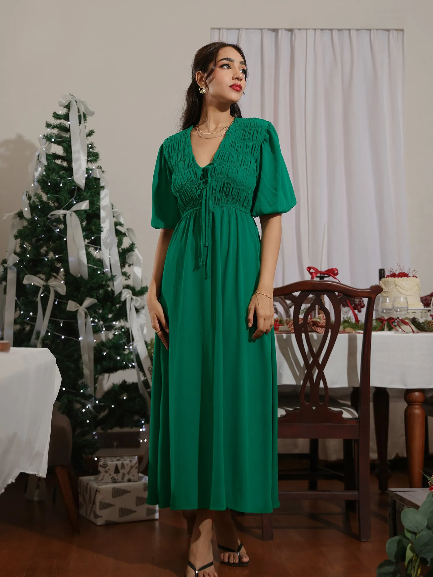 Bustier Detail Puff Sleeved Maxi Dress