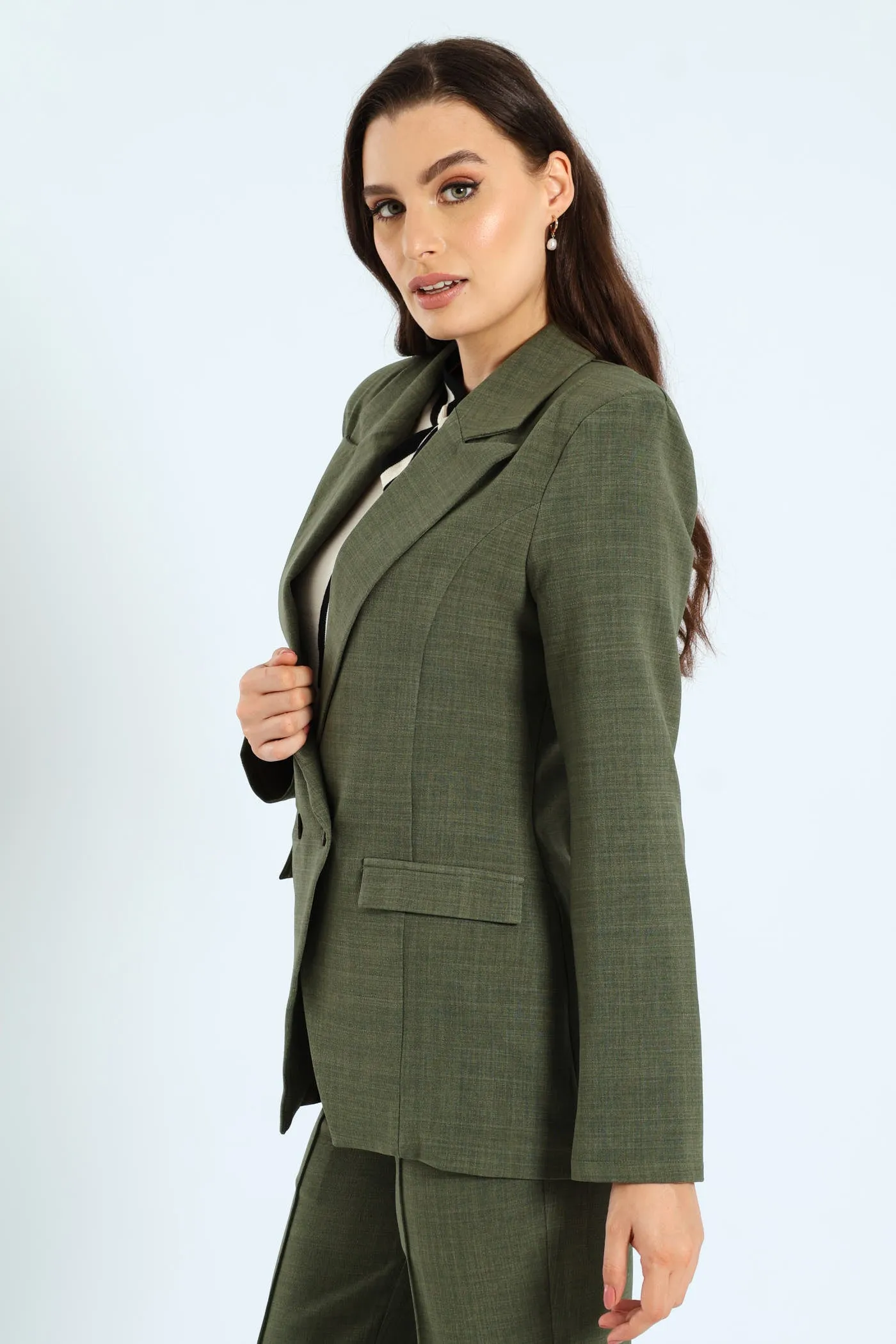 Button Linen Blend Blazer - Olive