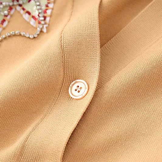 Camel Floral Sequin Beaded Coat Embroidered Button Up Detail Cardigan