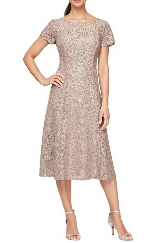 Cap Sleeve Tea Length Sequin Lace Dress