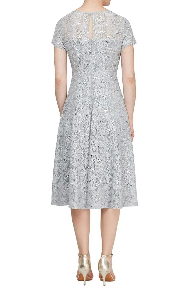 Cap Sleeve Tea Length Sequin Lace Dress