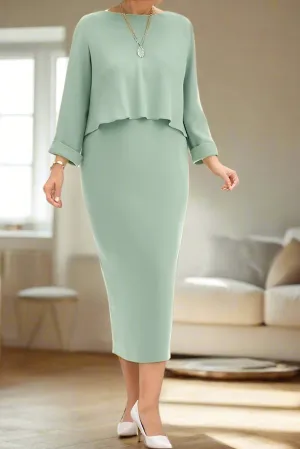 Celadon Sheath Tea Length 3/4 Length Sleeves Mother of the Bride Dress