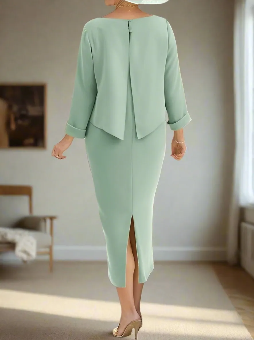 Celadon Sheath Tea Length 3/4 Length Sleeves Mother of the Bride Dress