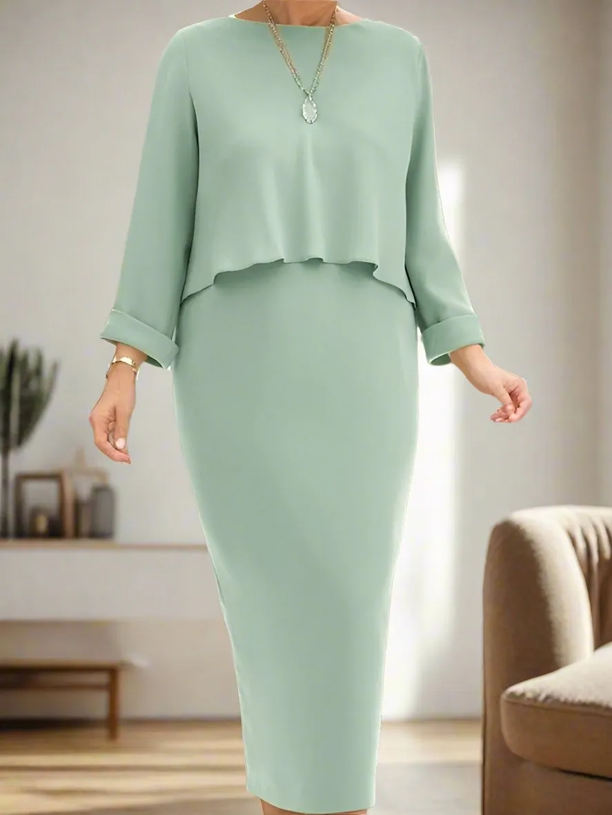 Celadon Sheath Tea Length 3/4 Length Sleeves Mother of the Bride Dress